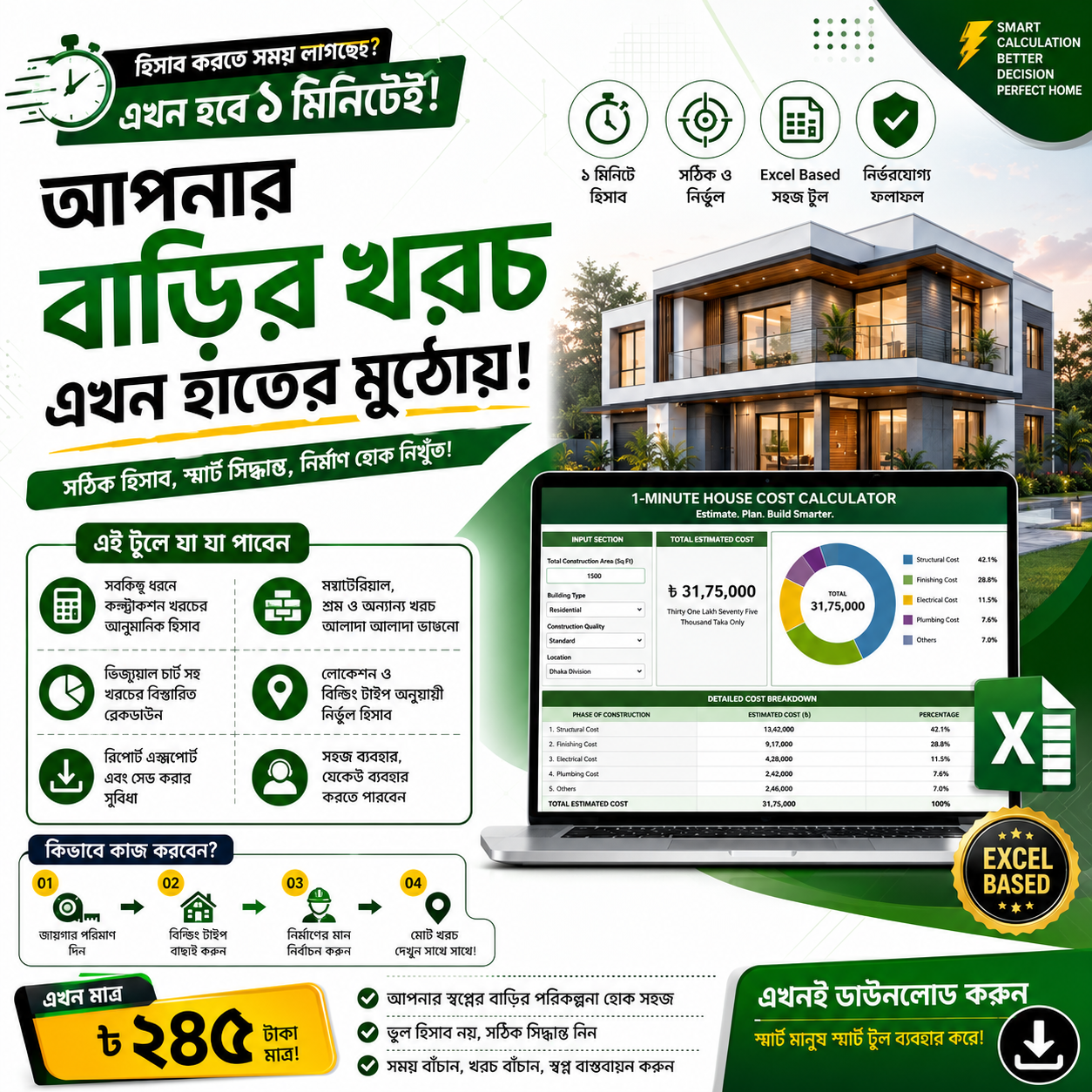 বাড়ি তৈরির খরচ বের করার ক্যালকুলেটর এখন মাত্র ২৪৫ টাকায় লাইফটাইম এক্সেস।